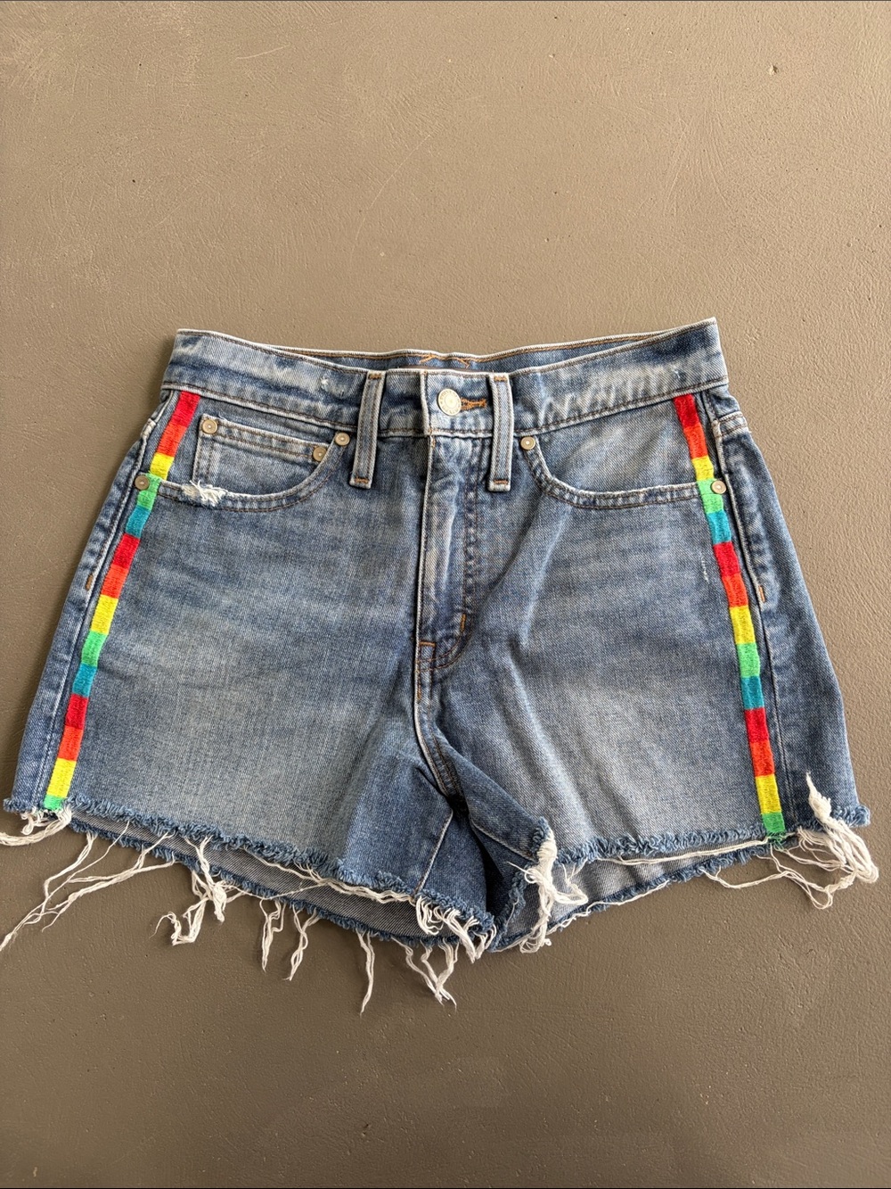 J. Crew Point Sur Blue Denim Cutoff Shorts with Rainbow Embroidered Side Trim